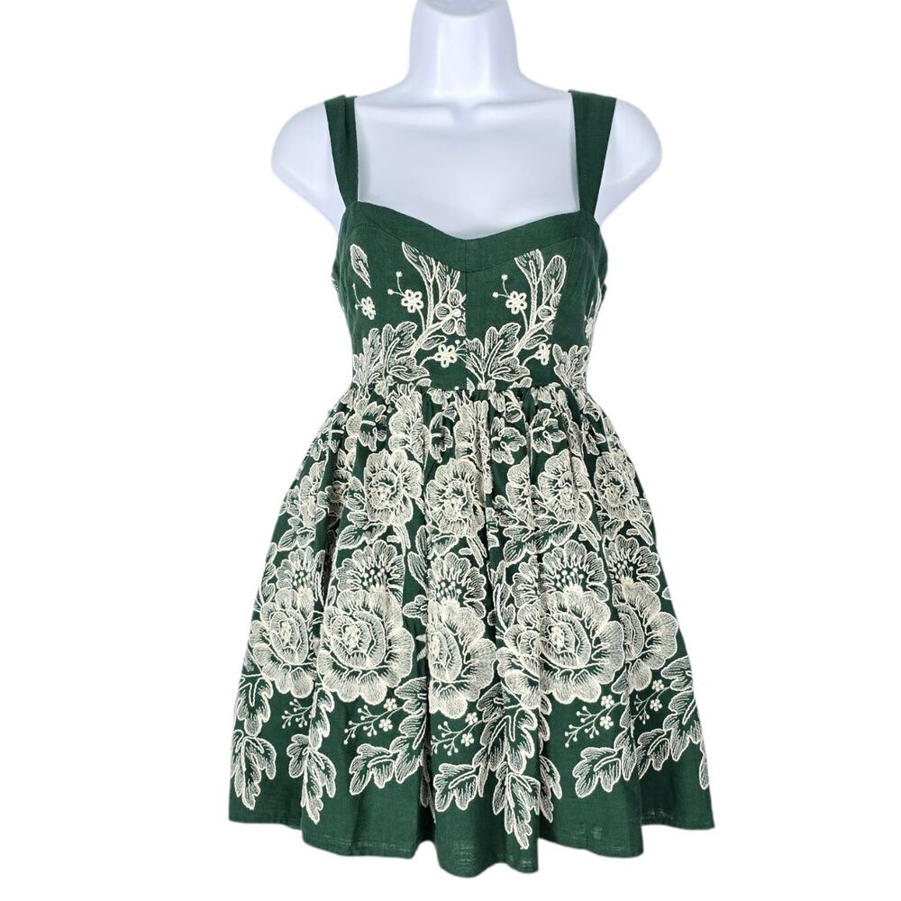 Maaji Mini Dress Green with Ivory Embroidered Flowers Smocked Back Straps M NEW